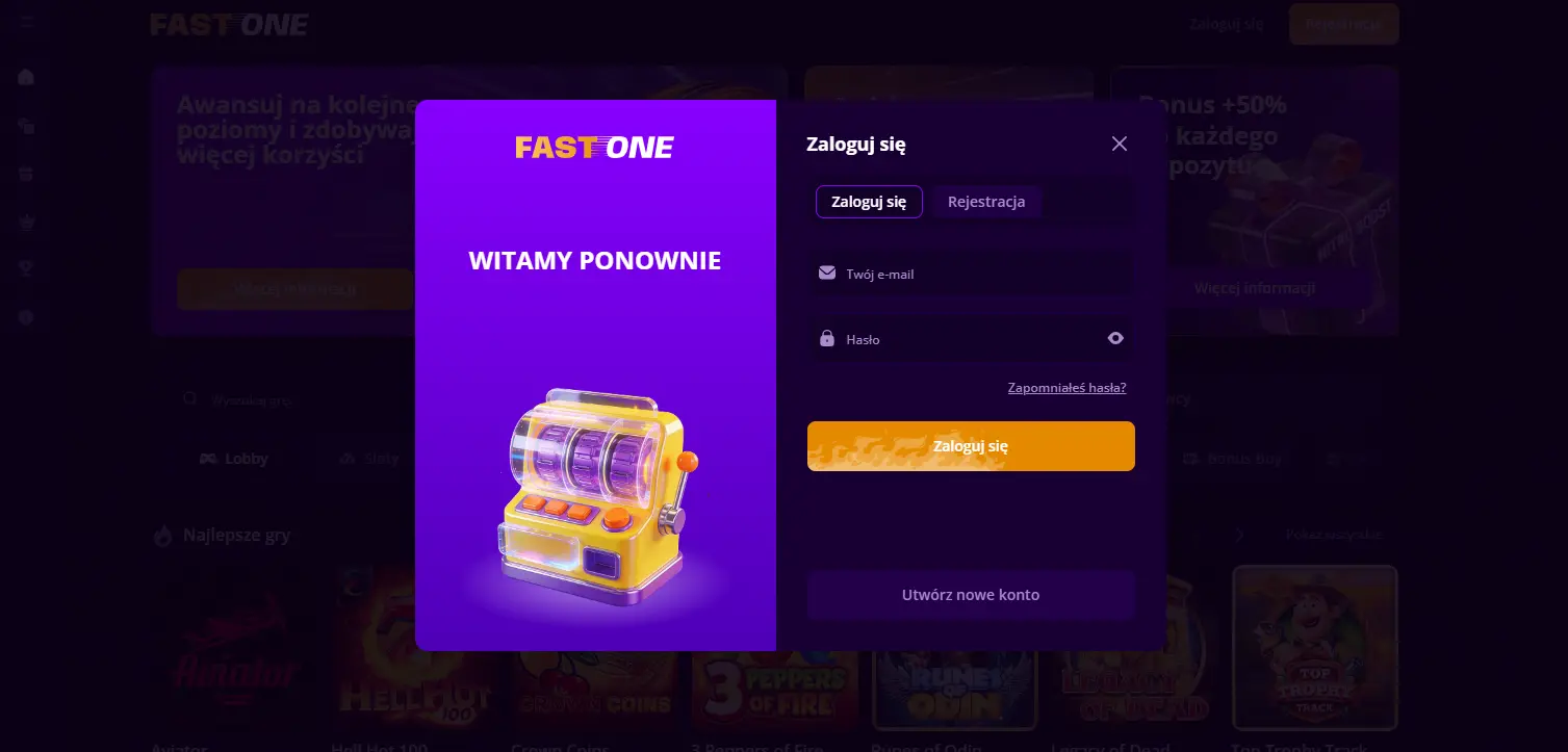 Logowanie i przycisk Zapomniałeś hasła w Fast One Casino